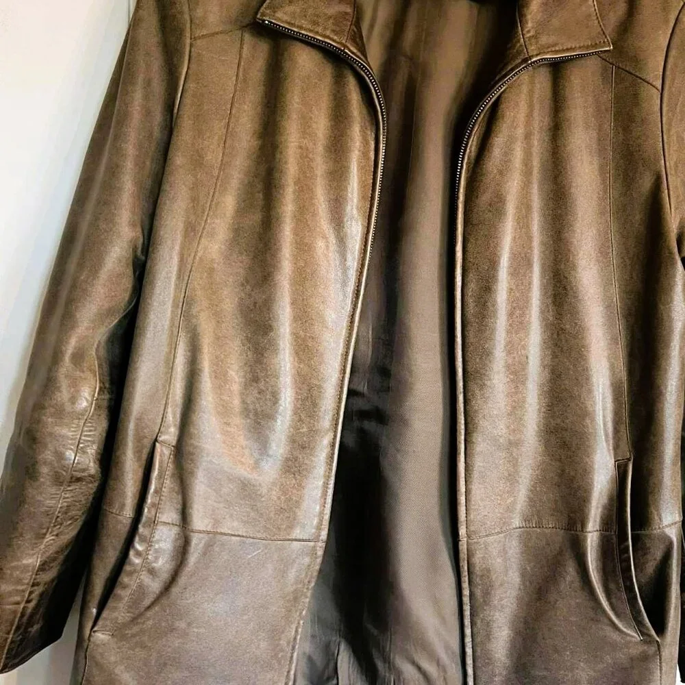 Bison Italian Leather Jacket Khaki Brown Size 52 XL Made in Italy Vintage - Picture 1 of 9